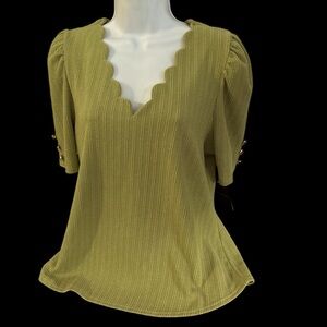 Elegant Avocado Green Scallop Edge Cocktail Blouse with Puff Sleeve  Size XL